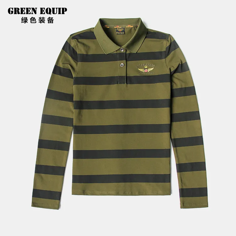 T2992春装新款翻领T恤条纹POGO衫长袖军绿色户外衫