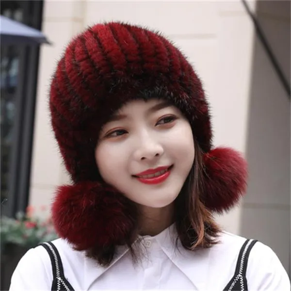 水貂毛编织三球帽子皮草帽子女士冬季加厚保暖护耳百搭狐狸球帽子