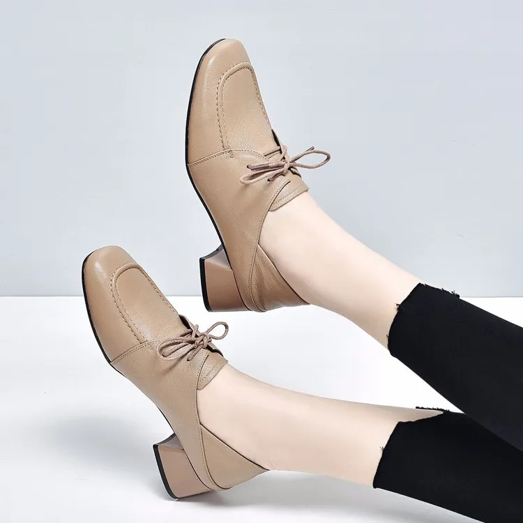羊皮软底软面女单鞋2021年秋季新款方头深口低跟气质百搭系带女鞋