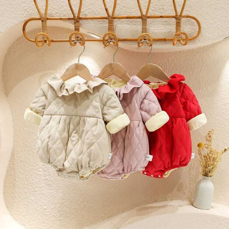 新生儿长袖包屁衣花瓣领加绒哈衣婴幼儿双层外出服儿童连体衣