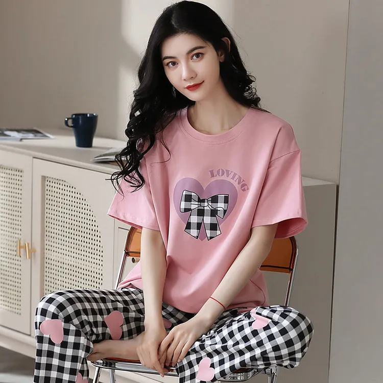 紧赛100%纯棉睡衣女短袖春夏宽松女长裤韩版家居服秋季可外穿套装