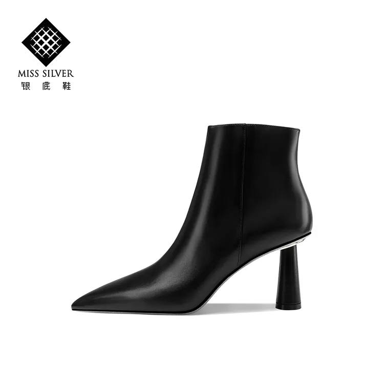 MISSSILVER黑色短靴女冬季新款短靴优雅尖头气质粗跟靴子