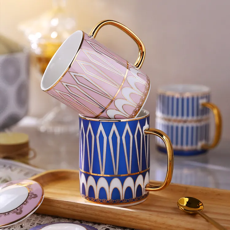 Nosin/诺轩欧风系列-描金马克杯带盖勺轻奢家用精致陶瓷大容量