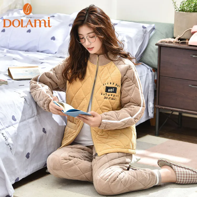 多拉美睡衣女冬季珊瑚绒加厚夹棉棒球服甜美家居服拉链套装可外穿
