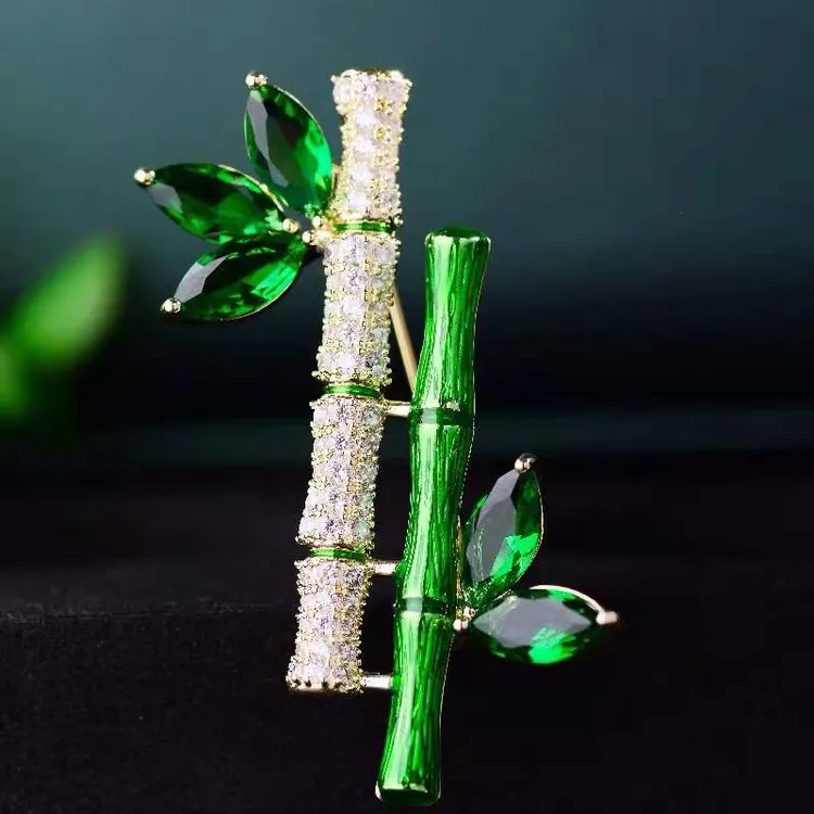 铜合金合成锆石胸针 绿色锆石胸针高档女富贵竹子别针西装胸花