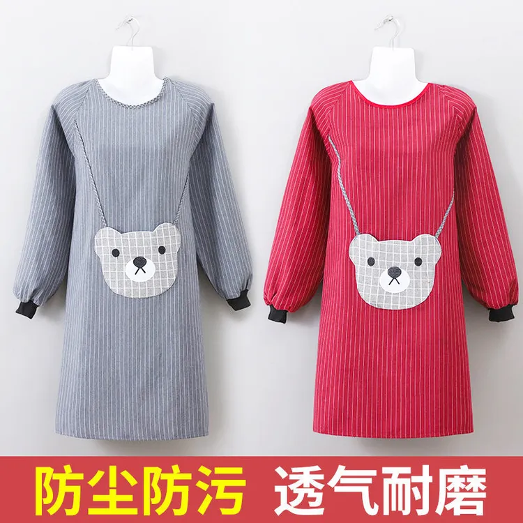 新款长袖纯棉围裙可爱韩版小熊款厨房防油耐脏家用罩衣成人做饭