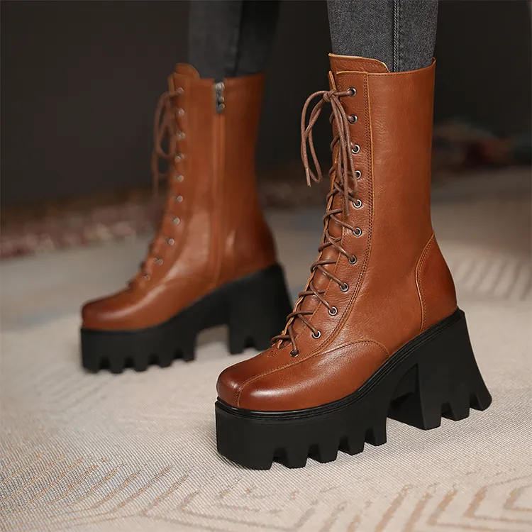 真皮粗跟复古马丁靴2024秋季新款内增高10cm厚底中筒短靴百搭女鞋