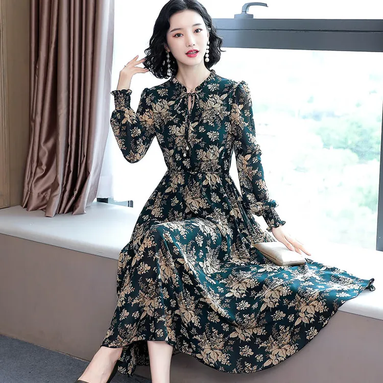 春秋雪纺连衣裙长袖女2025新款时尚气质长款修身收腰显瘦碎花裙女