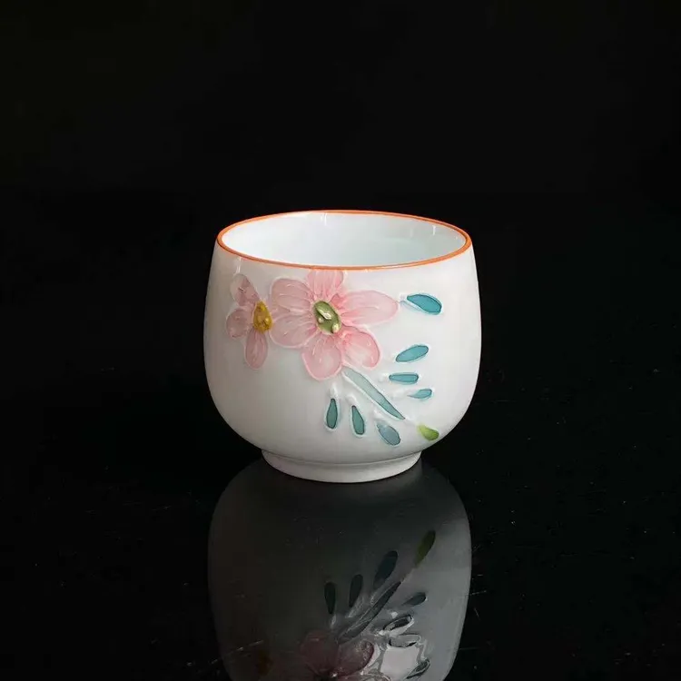 影青手工堆料填绘手绘釉下彩桃花陶瓷品茗杯主人杯小客杯功夫茶杯