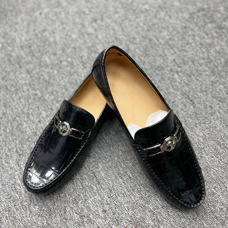 美易鳄鳄鱼皮肚皮豆豆鞋休闲款马衔扣黑色男士时尚百搭经典真皮