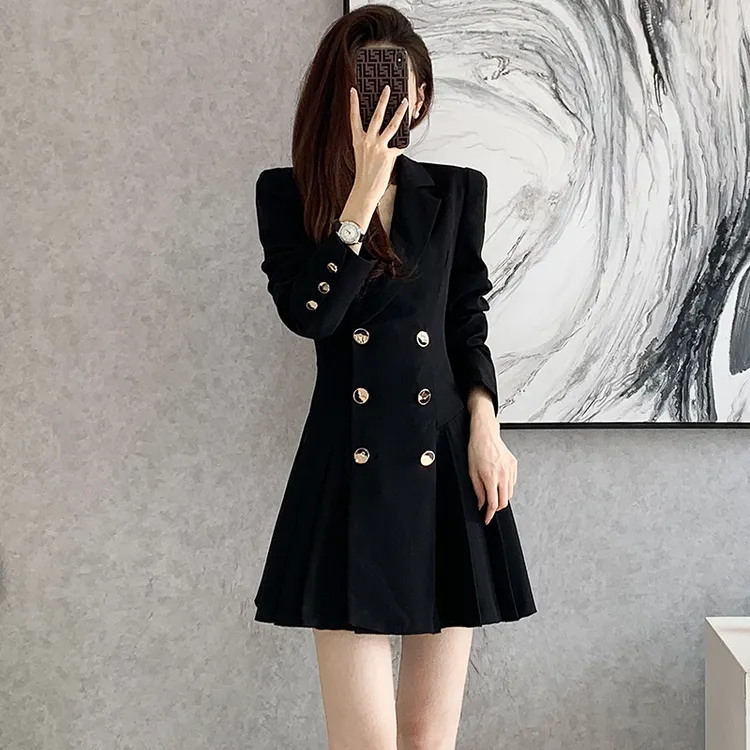 高级感职业穿搭气质西装连衣裙女春秋季修身收腰小个子西服百褶裙