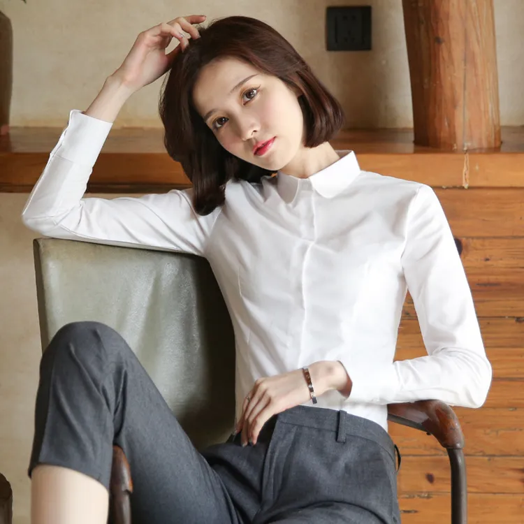 （娃娃领-棉）衬衫女长袖职业工作服正衬衣白色气质打底衬衫女款