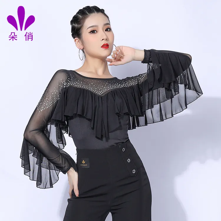 朵俏拉丁舞服长袖上衣练功服女成人专业表演服装夏季新款舞蹈服装