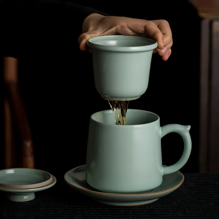 天青汝窑办公室陶瓷带盖水杯茶水分离泡茶杯马克杯个人专用杯子