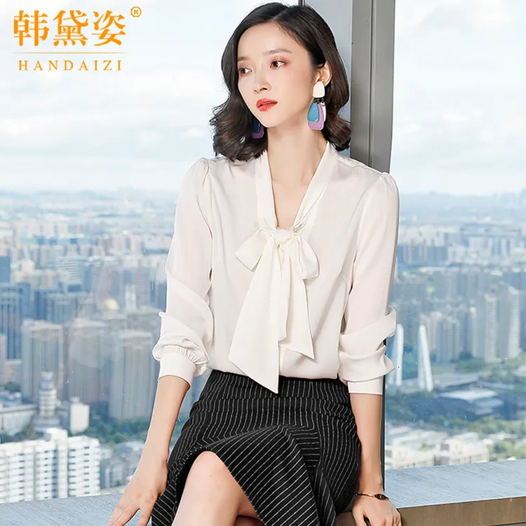 韩黛姿重磅真丝衬衫女长袖2025春新款桑蚕丝上衣蝴蝶结飘带衬衣