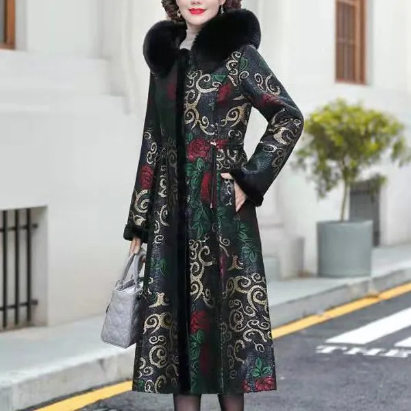冬季新款加绒加厚大衣外套女妈妈装大码显瘦印花连帽棉衣两面穿