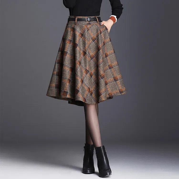 秋冬新款高腰百褶裙中长款伞裙显瘦裙子格子裙a字裙气质半身裙