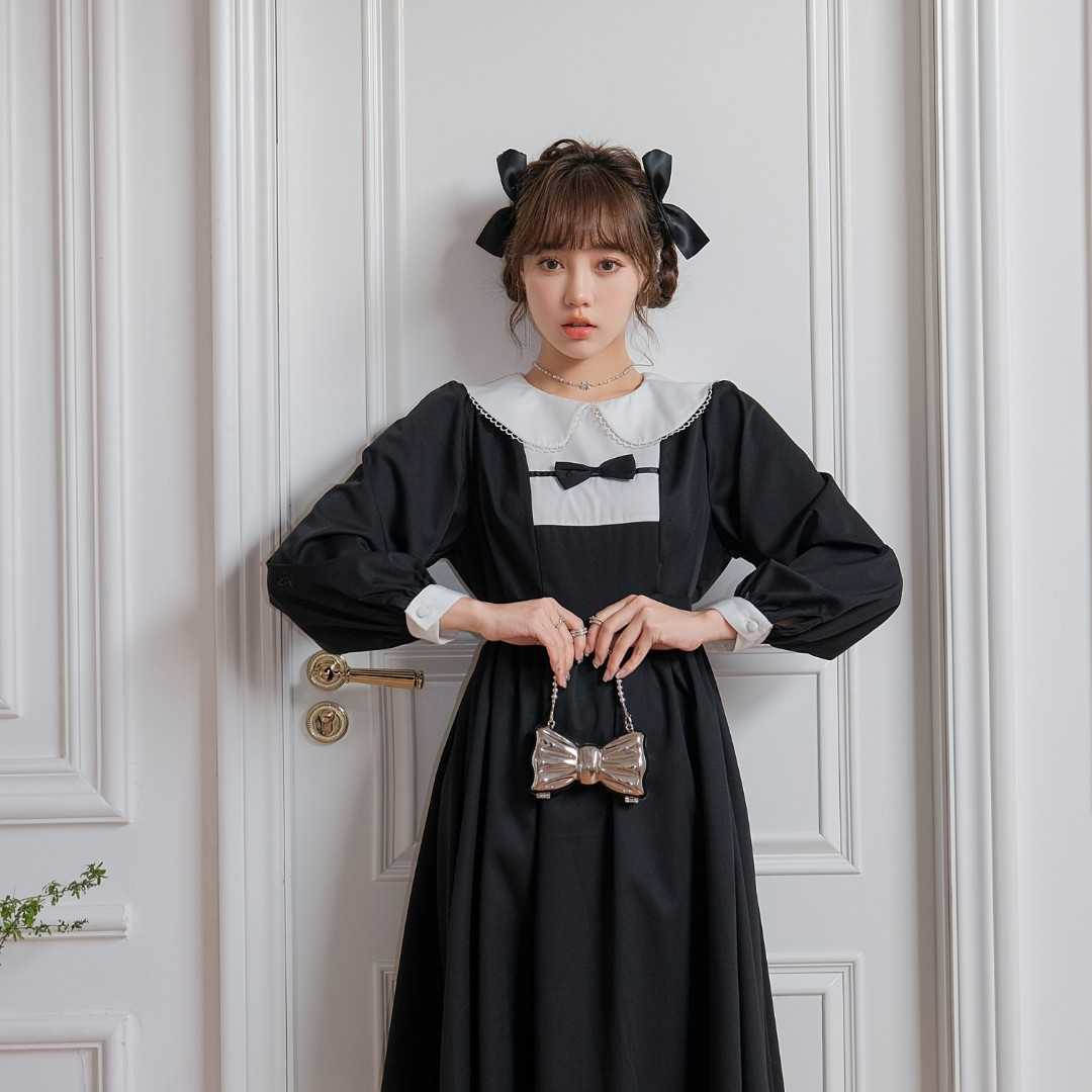 售空の爱意 花崎鹿原创法式少女小众连衣裙黑白拼接蝴蝶结娃娃裙