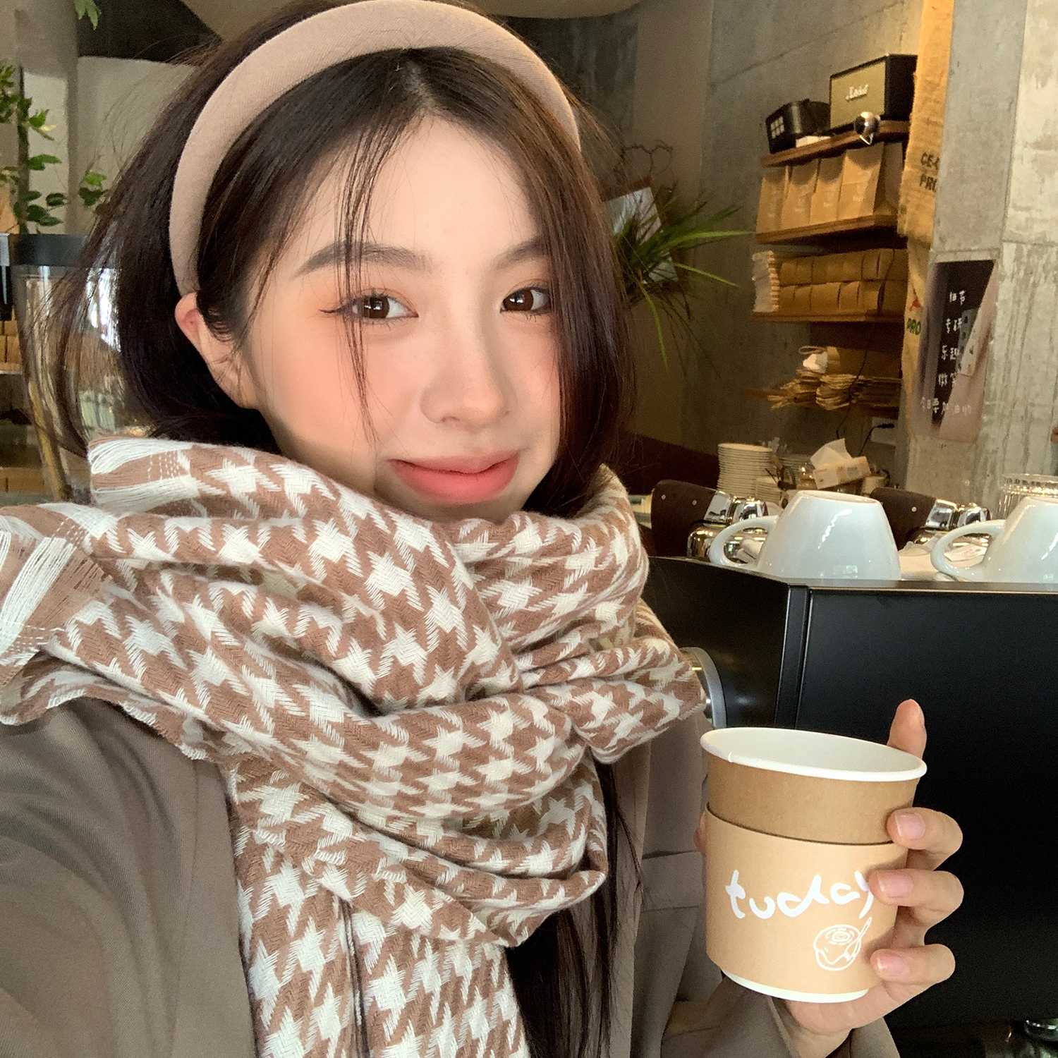 冬季保暖情侣针织格子围巾韩版百搭流苏撞色千鸟格围巾女