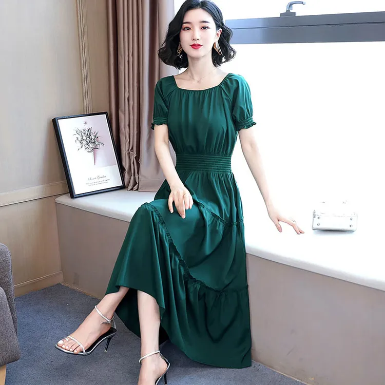 纯色短袖连衣裙2025新款女夏装长款收腰显瘦修身气质遮肚大码长裙