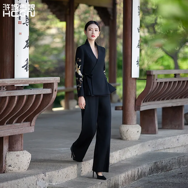 浒城古娘中式国风时尚休闲复质鹤舞松姿上衣套装-20A1001+20A1501