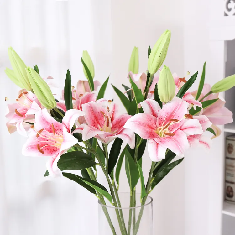 仿真花3头塑胶百合花婚庆家居装饰花卉仿真盆栽简约家居摄影摆件