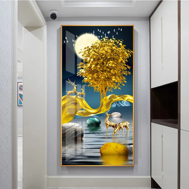 新中式金树福鹿进门玄关装饰画轻奢手工带灯艺术家和万事兴晶瓷画