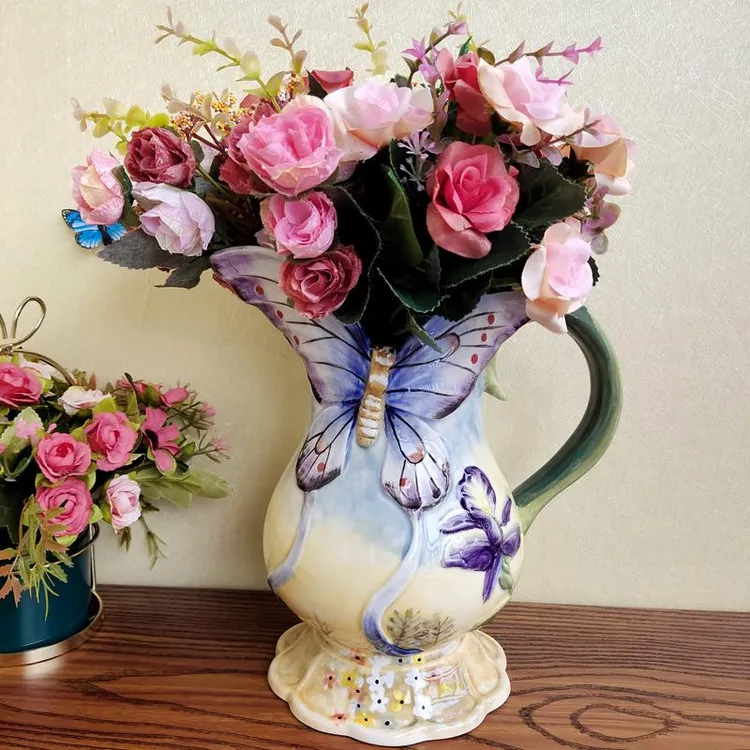 欧式纯手绘陶瓷釉下彩蝴蝶花瓶家居餐桌陶瓷干花花器装饰品摆件