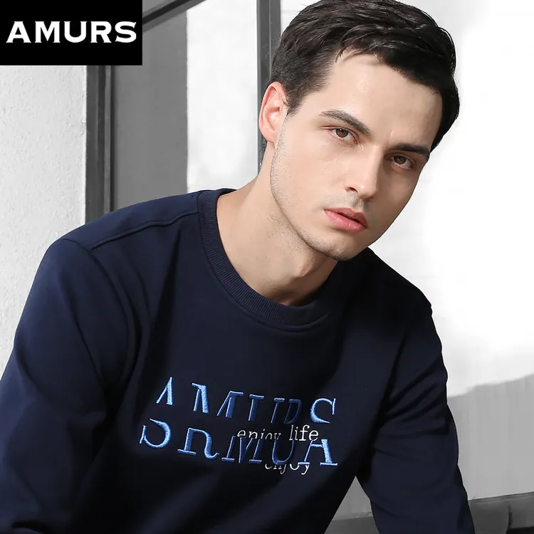 Amurs/爱缪斯男装圆领长袖t恤 字母印花海岛绒宽松打底衫