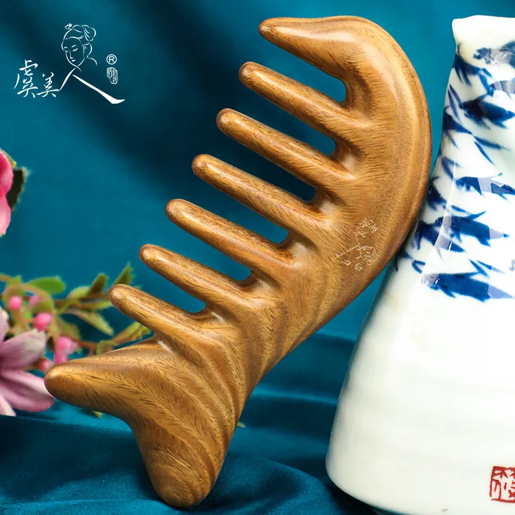 虞美人梳子天然绿檀木小鱼造型按摩梳女士家用梳头顺发按摩木梳