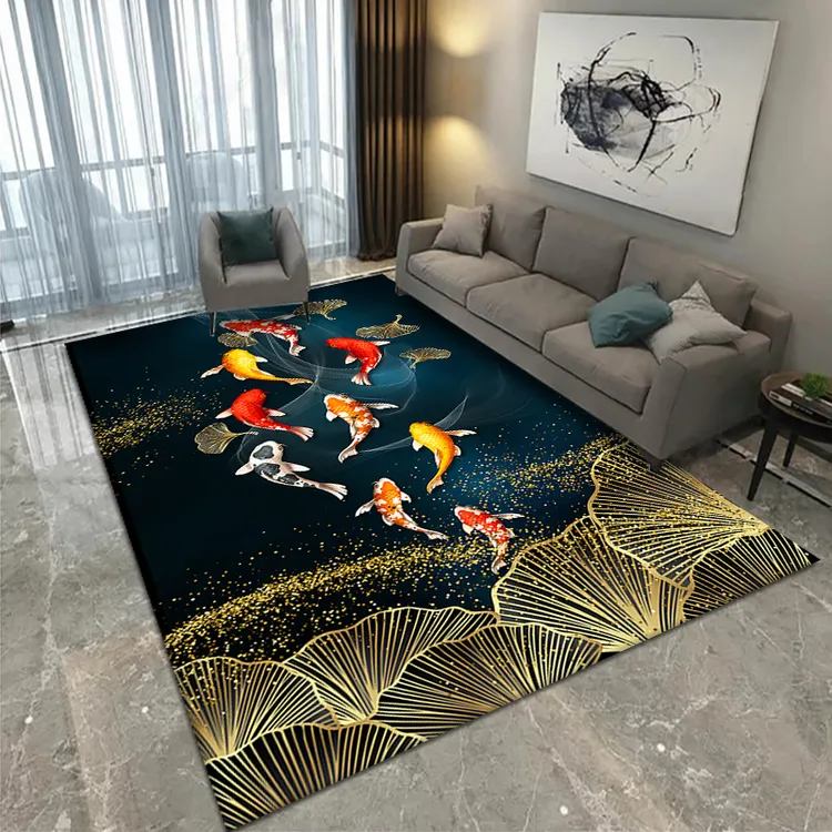 金色扇叶锦鲤图案地垫适用于床边茶几书房门厅客厅地毯家用入户门