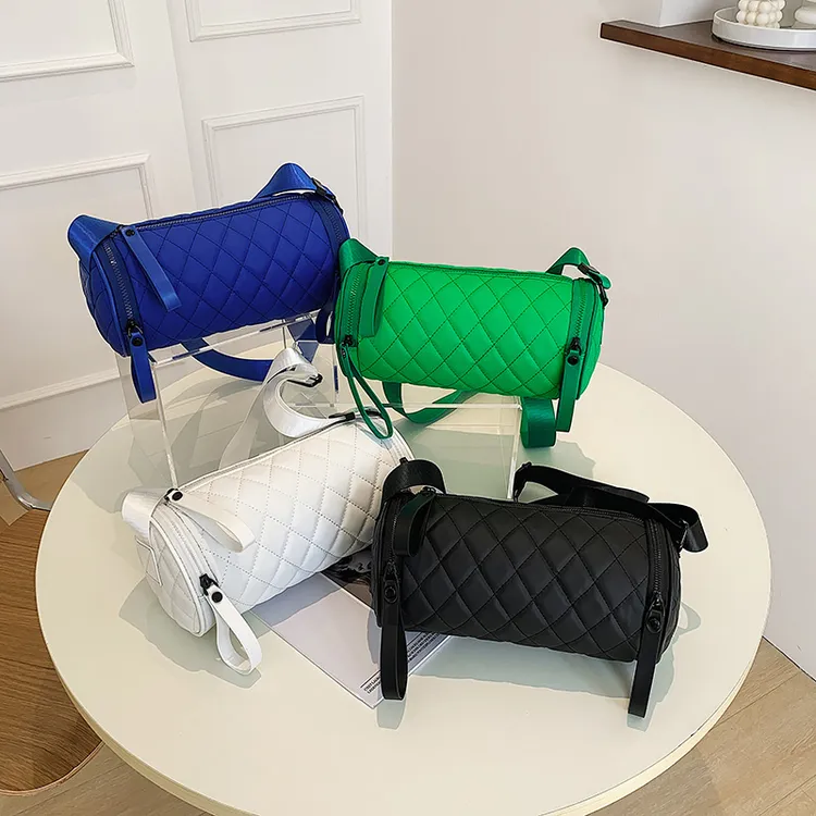 大号休闲圆桶挎包菱格潮流小众百搭时尚单肩绿色格子洋气圆形ins