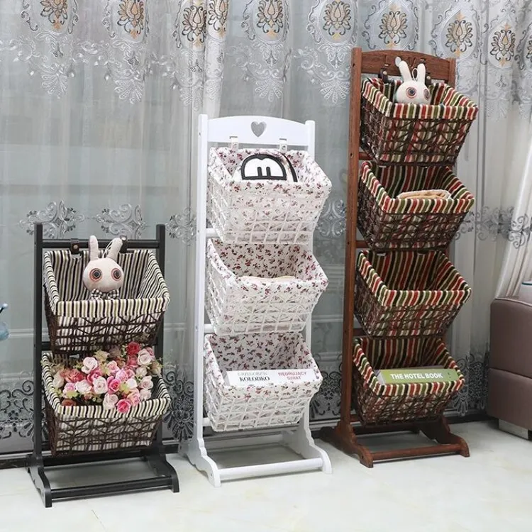 实木置物架零食收纳架卧室客厅通用书报架藤编多层储物落地收纳篮