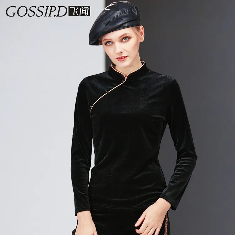 飞闻中国风旗袍上衣丝绒秋冬季盘扣长袖打底衫复古新中式唐风女装