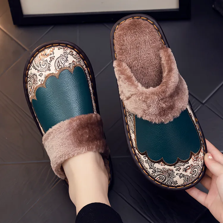 冬季真皮棉拖鞋女居家室内防滑木地板保暖情侣软底家用拖鞋男冬天