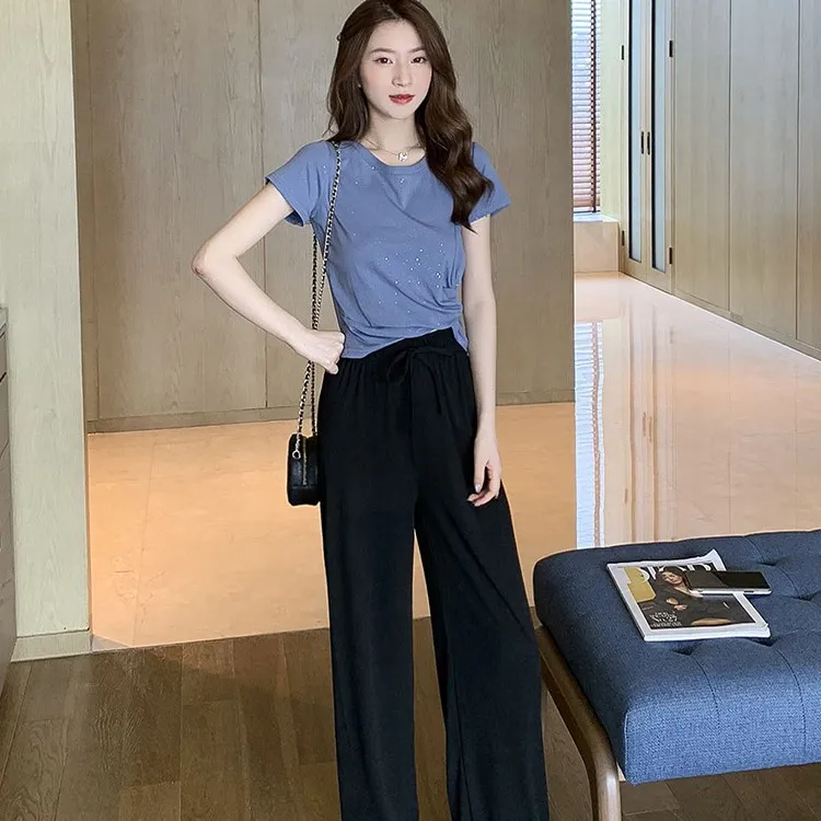 夏季新款亮片网红T恤搭高腰阔腿长裤休闲两件套女小个子时尚