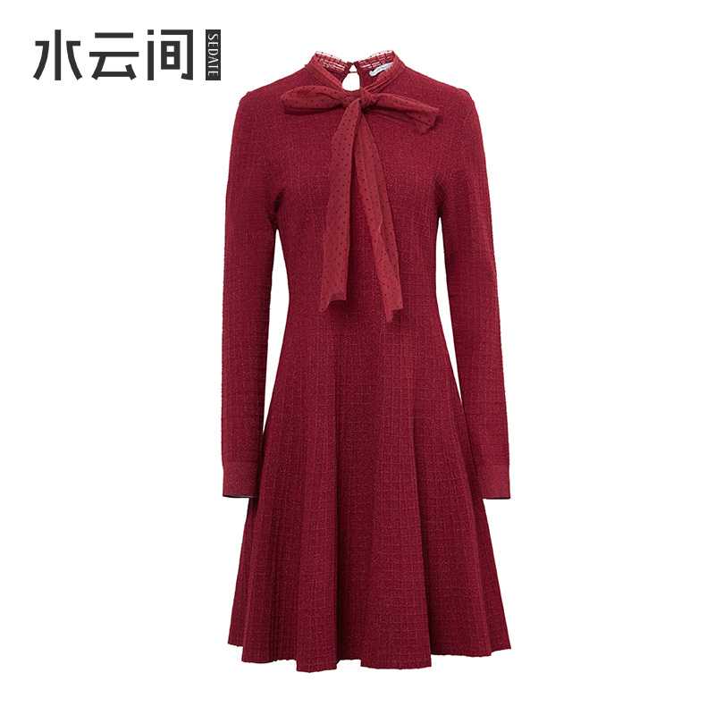 水云间冬新款针织红色连衣裙时尚毛呢收腰显瘦a字裙中裙春季气质