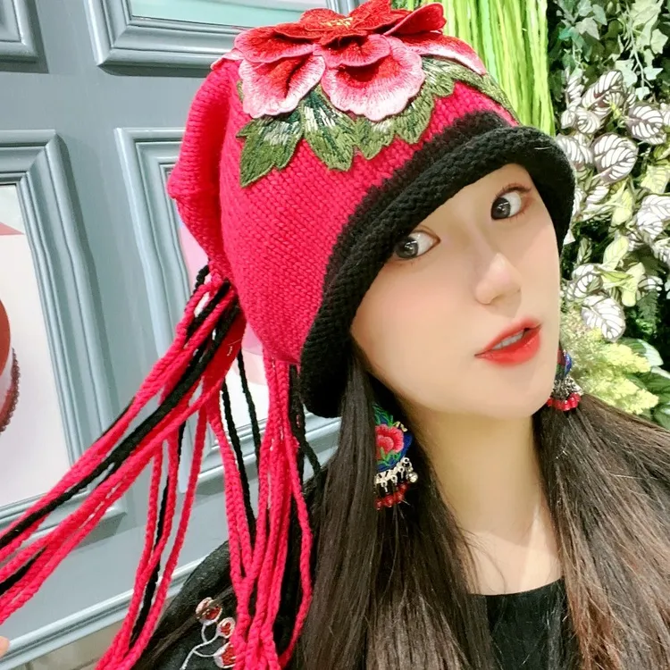 民族风手工编织刺绣透气针织立体花朵镂空百搭流苏辨加厚包头帽子
