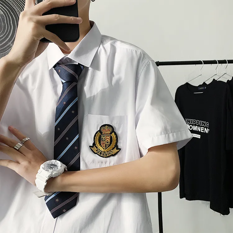 DK制服潮牌JK夏季短袖衬衫男宽松情侣装衬衣女中性送领带学生班服
