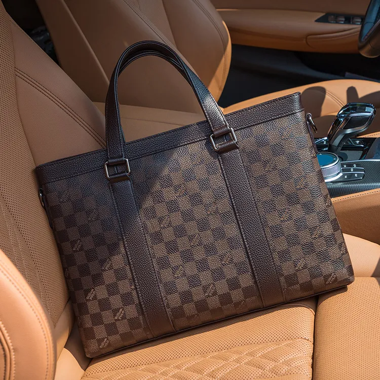 英皇保罗男士真皮公文包商务轻奢格纹款头层牛皮手提包单肩包潮流