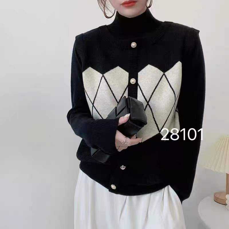A259新款假两件半高领毛衣女装菱形格拼接时尚套头菱格百搭上衣