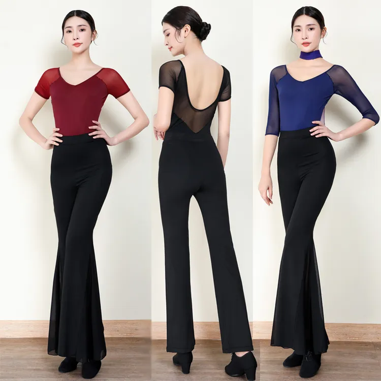 形体服套装女专业舞蹈连档练功服拼接网纱修身礼仪培训模特走秀服
