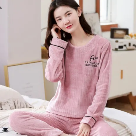 反季促销法兰绒睡衣女秋冬加厚珊瑚绒套头两件套可外穿家居服