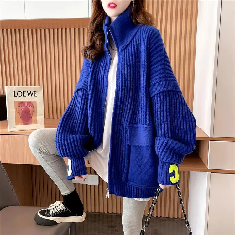 大码胖mm2024年春秋加厚克莱因蓝高领毛衣开衫女慵懒风韩版外套