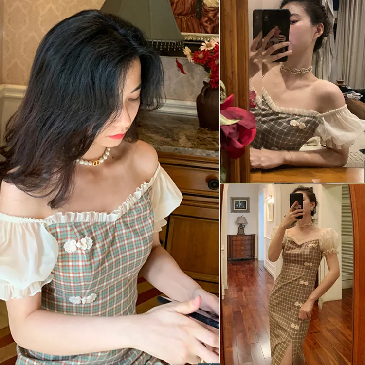 大码女装短袖复古裙显瘦旗袍长裙宽松遮胯连衣裙时尚一字领裙夏季