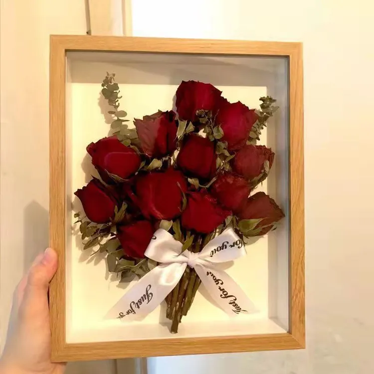 创意diy真花玫瑰干花纸巾花中空相框摆台标本手工生日礼物送女友