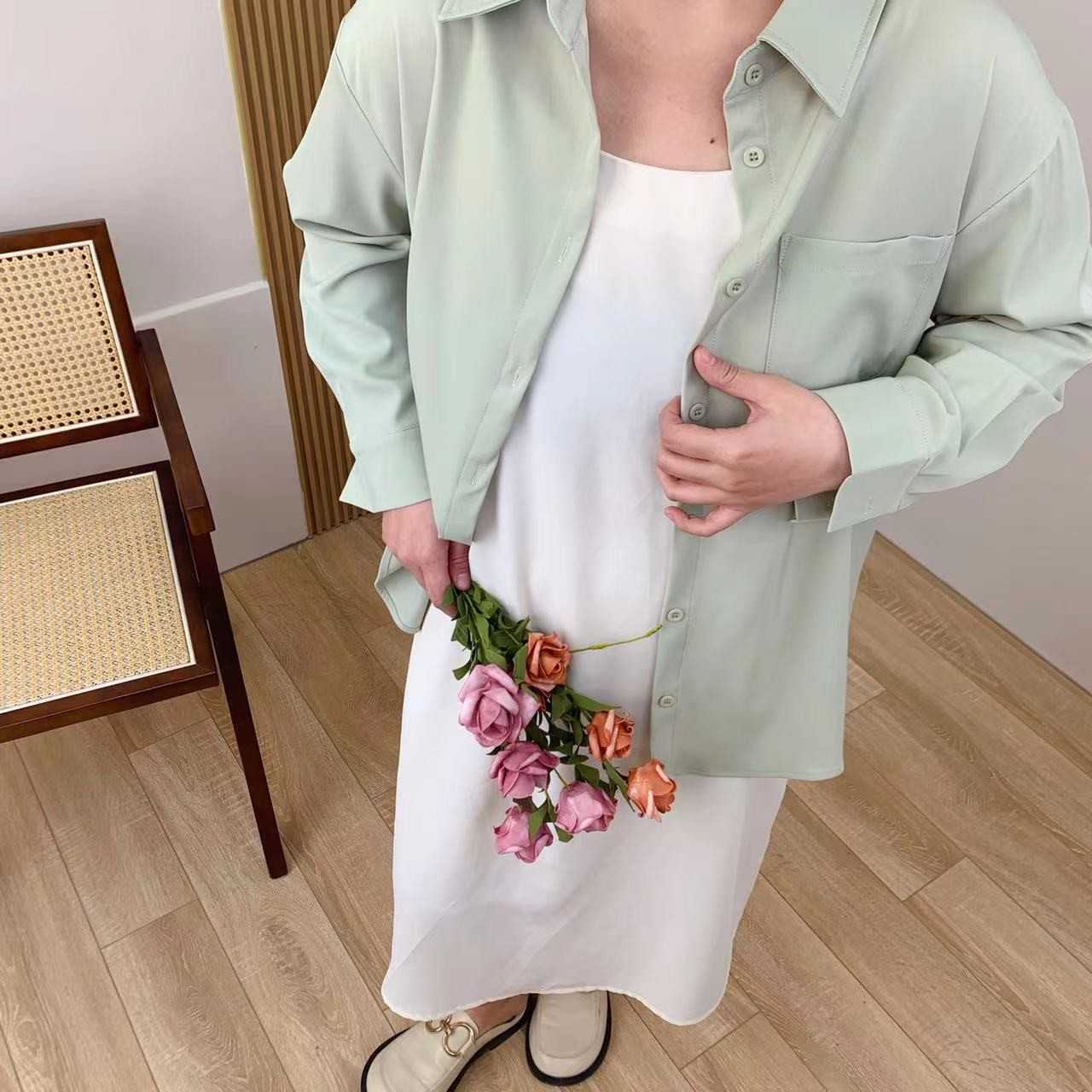 媛子大码韩版宽松衬衫外搭女2022长袖防衬衣外套80089