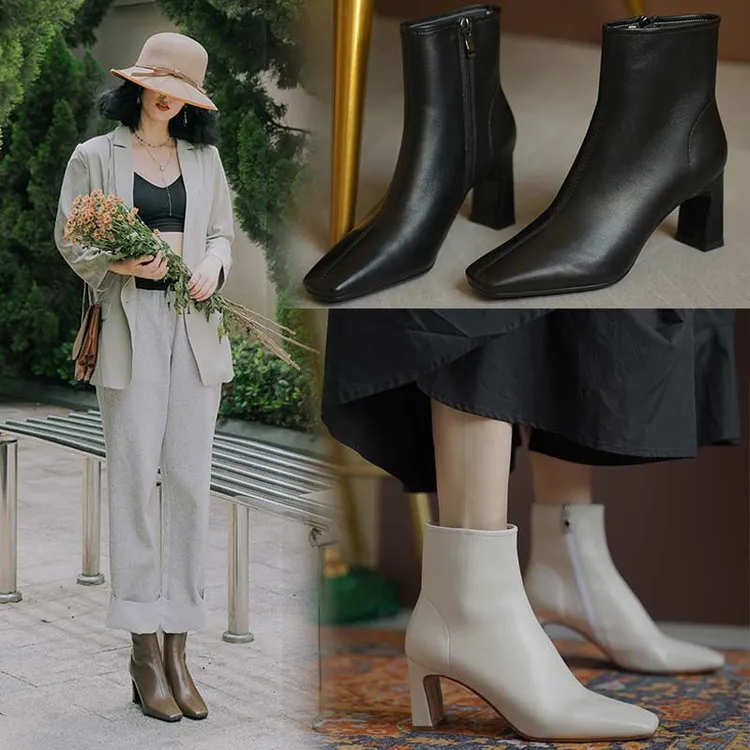 运费险/羊皮白色靴子女时尚方头高跟鞋粗跟软皮粗跟高档气质短靴
