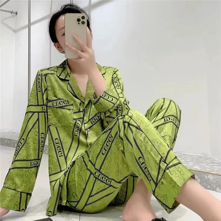 【粉丝专享】古家绿轻奢新款女冰丝长袖长裤薄款睡衣家居服