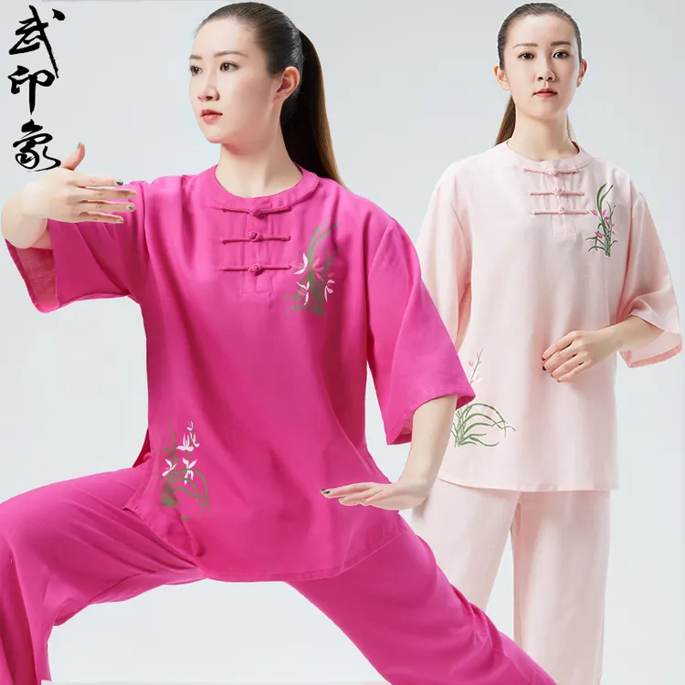 武印象锦麻太极服女款夏款飘逸印花中短袖练功服太极拳服晨练服装